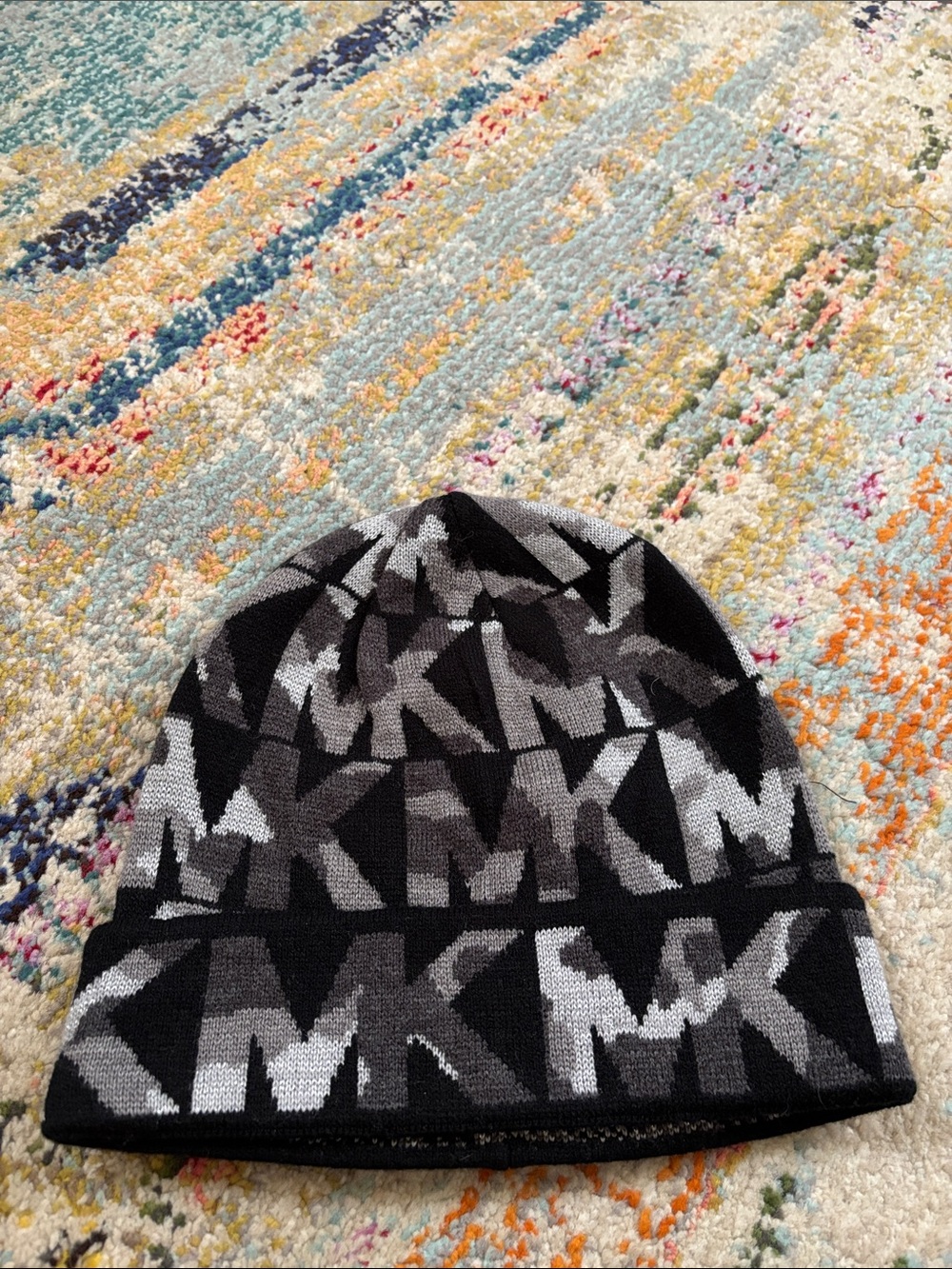 Michael Kors Black and Gray MK Logo Knit Beanie